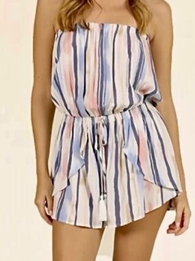 3/$20 Ocean Drive Blue Pink Stripe Strapless Skort Romper Smock Waist Tassel Tie